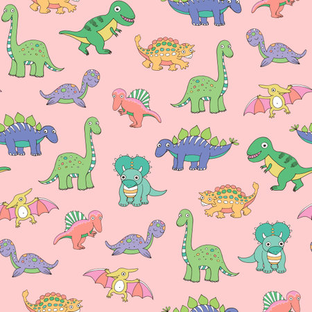 Seamless pattern with cute cartoon dinosaurs on pink background. Vector illustration.のイラスト素材