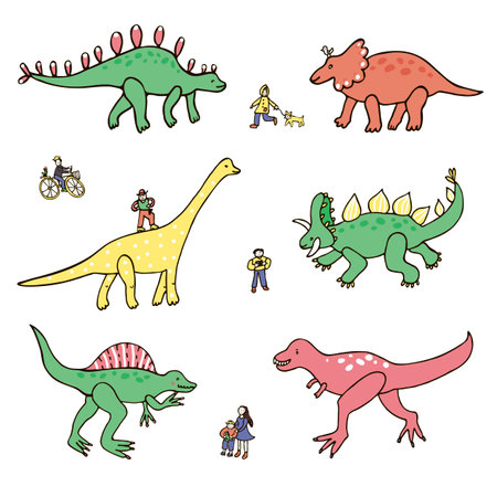 Dinosaur cartoon set. Hand drawn doodle vector illustration.のイラスト素材