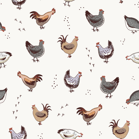 Seamless pattern with hand drawn roosters and hens