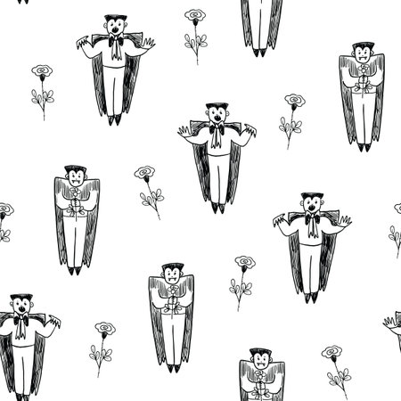 Seamless pattern with cartoon vampire and flowers. Vector illustration.のイラスト素材