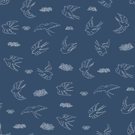 Seamless pattern with flying birds. Hand drawn vector illustration.のイラスト素材