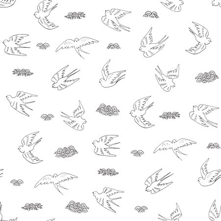 Seamless pattern with hand drawn doodle birds. vector illustration.のイラスト素材