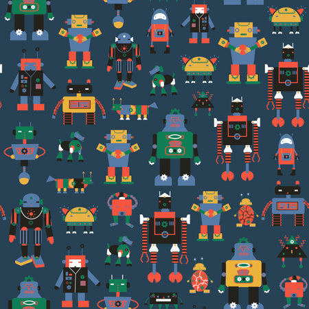 Seamless pattern with cute robots. Vector illustration in flat style.のイラスト素材