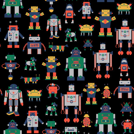 Seamless pattern with cute robots. Vector illustration in flat style.のイラスト素材