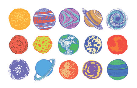 Vector set of hand-drawn doodle outer space planets.のイラスト素材