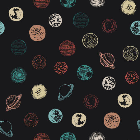 Seamless pattern with planets and stars on black background. Vector illustration.のイラスト素材