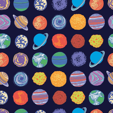 Seamless pattern with planets. Vector illustration. Hand drawn background.のイラスト素材
