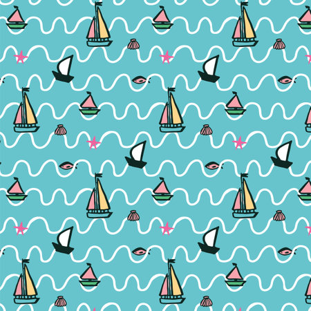 Seamless pattern with sailboats and waves. Vector illustration.のイラスト素材