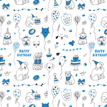Seamless pattern with cute hand drawn birthday elements. Vector background.のイラスト素材