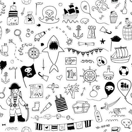 Seamless pattern with pirate elements. Hand drawn birthday vector illustration.のイラスト素材