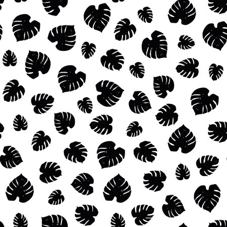 Seamless pattern with monstera leaves. Black and white vector background.のイラスト素材