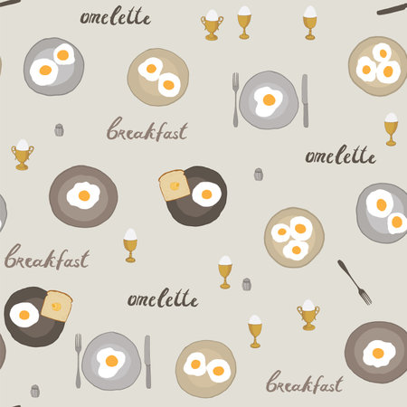 Seamless pattern with fried eggs on gray background. Vector illustrationのイラスト素材