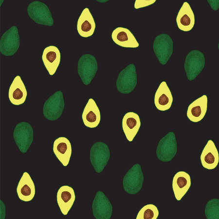 Seamless pattern with avocado on black background. Vector illustration.のイラスト素材