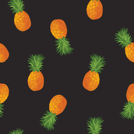 Seamless pattern with pineapple on a black background. Vector illustration.のイラスト素材