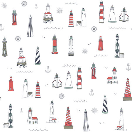 Seamless pattern with hand drawn doodle lighthouses. Vector illustration.のイラスト素材