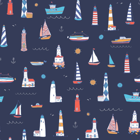 Seamless pattern with ships and lighthouses. Vector illustration.のイラスト素材