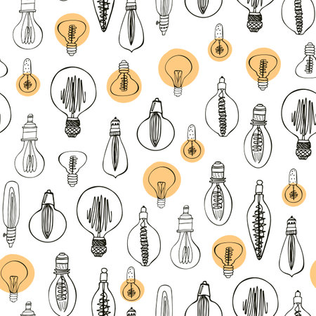 Seamless pattern with hand drawn light bulbs. Vector illustration.のイラスト素材