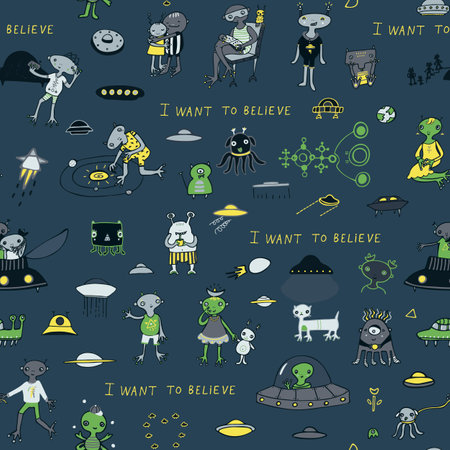 Space seamless pattern with cute cartoon monsters and aliens. Vector illustration.のイラスト素材