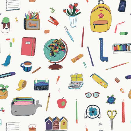 Seamless pattern with school supplies. Back to school. Vector illustration.のイラスト素材
