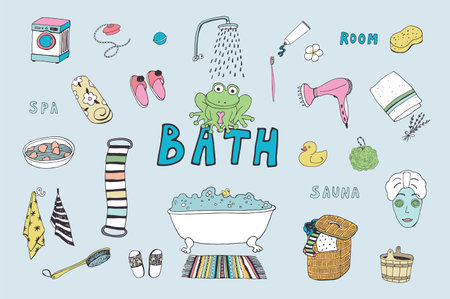 Vector set of bath doodles. Hand drawn illustration of bath accessories.のイラスト素材