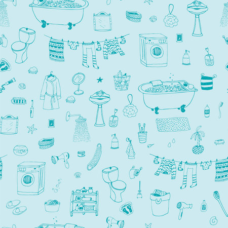 Hand drawn doodle Bathroom seamless pattern. Vector illustration.のイラスト素材