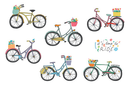 Bicycles and flowers set. Vector illustration in cartoon style.のイラスト素材