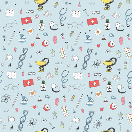 Seamless pattern with hand drawn medical elements. Vector illustration.のイラスト素材