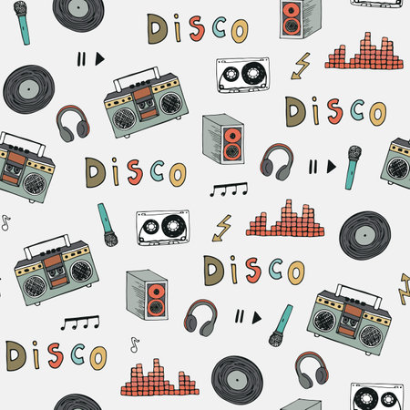 Dj music doodle seamless pattern. Hand drawn vector illustration.のイラスト素材