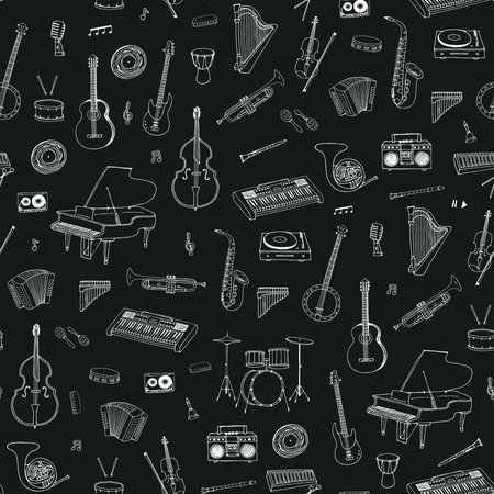 Seamless pattern with hand drawn musical instruments. Vector illustration.のイラスト素材
