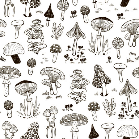 Seamless pattern with mushrooms. Hand drawn doodle vector illustration.のイラスト素材