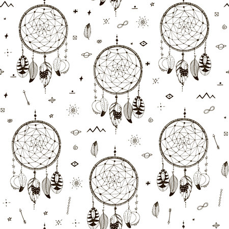 Seamless pattern with hand drawn dreamcatcher. Vector illustrationのイラスト素材
