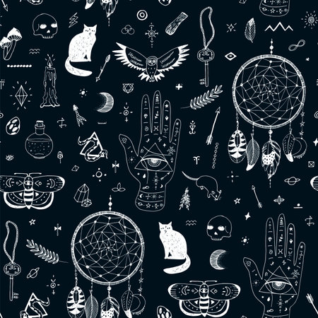 Seamless pattern with hand drawn doodle tribal elements. Vector illustration.のイラスト素材