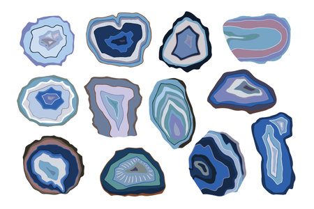 Set of blue agate crystals on white background. Vector illustration.のイラスト素材
