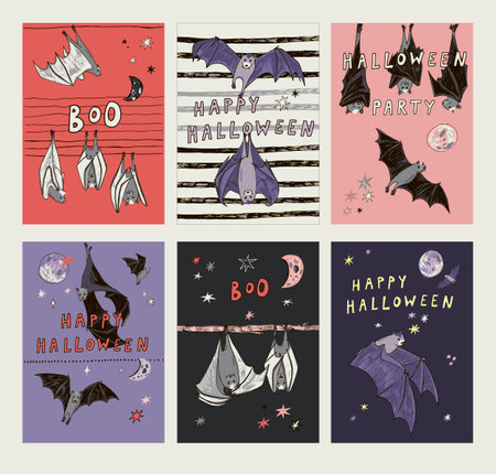 Set of cute hand drawn Halloween cards with flying bats. Vector illustrationのイラスト素材