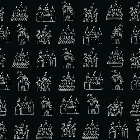 Seamless pattern with hand drawn castle on black background. Vector illustration.のイラスト素材