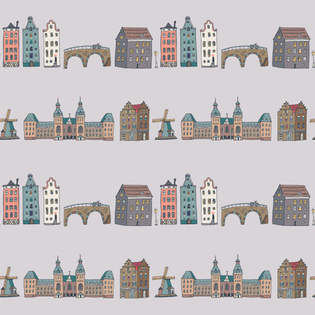 Seamless pattern with old European houses Amsterdam. Vector illustration.のイラスト素材