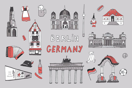 Berlin, Germany landmarks hand drawn doodle vector illustration set.のイラスト素材