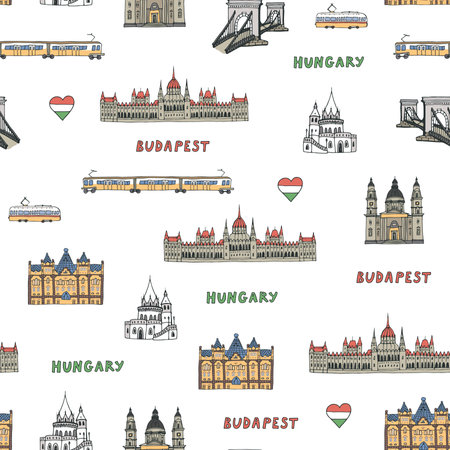 Seamless pattern with famous landmarks of Hungary. Vector illustration.のイラスト素材