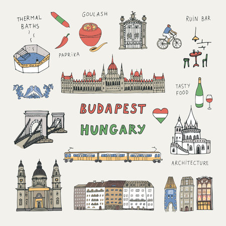Budapest, Hungary hand drawn vector icons set. Travel sketch illustration.のイラスト素材