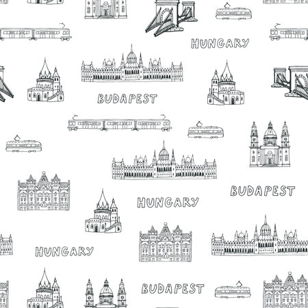 Seamless pattern with hand drawn sketches of Budapest. Vector illustrationのイラスト素材