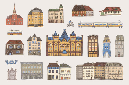 Set of hand drawn doodle houses in the old town, Budapest, Hungary, vector illustrationのイラスト素材