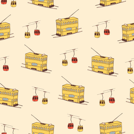 Seamless pattern with hand drawn Chinese cable cars. Vector illustration.のイラスト素材