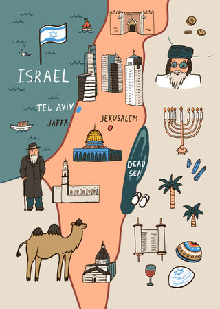 Israel travel icons set. Hand drawn illustration of Israel travel vector icons for web designのイラスト素材