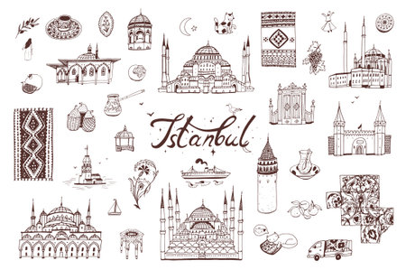 Vector set of hand drawn doodle illustrations of famous buildings Istanbul.のイラスト素材