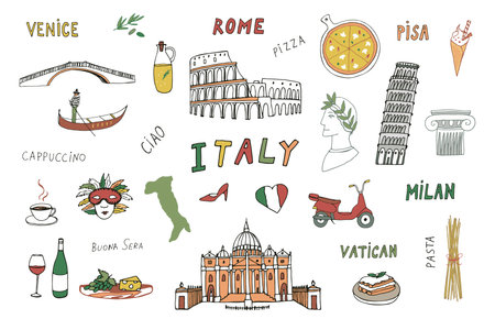 Italy hand drawn doodle vector icon set. Travel sketch collection.のイラスト素材