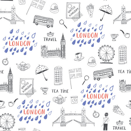 London hand drawn doodle icons set. Vector illustration. Seamless pattern.のイラスト素材