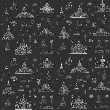 Thailand travel and attractions doodle icons set. Hand drawn vector illustration.のイラスト素材