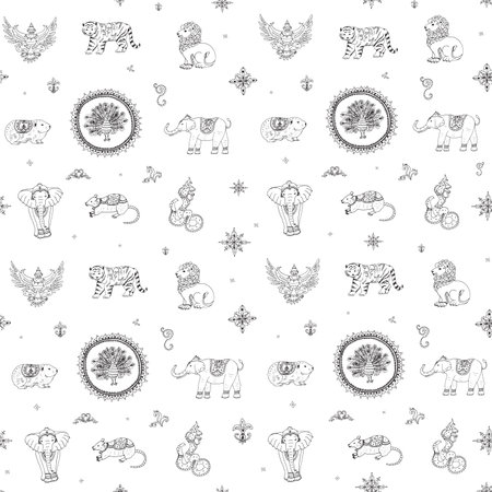 Seamless pattern with cute cartoon Asian zodiac animals. Hand drawn vector illustration.のイラスト素材