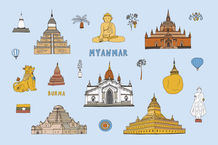 Thailand travel icons set. Vector illustration in hand drawn style Myanmar.のイラスト素材