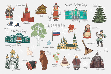 Russia. Vector set of hand drawn elements for travel and tourism.のイラスト素材